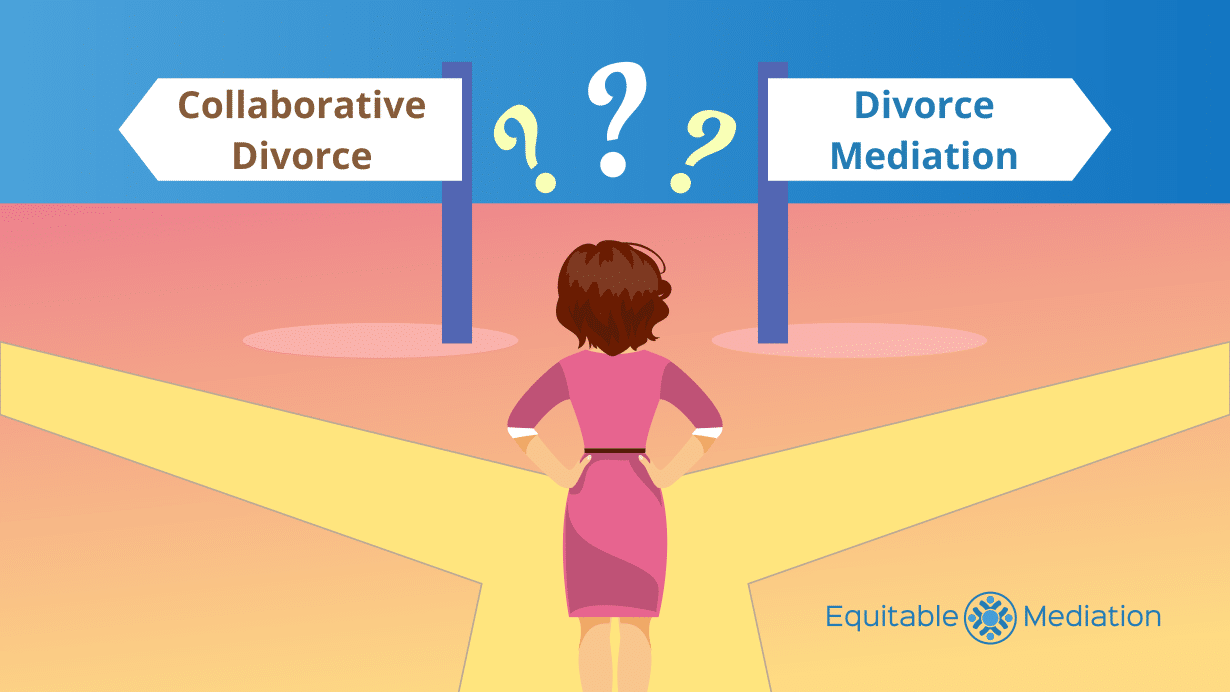 Mediation vs Collaborative Divorce: Choosing the Right Method | Equitable Mediation Illustration showing two signposts labeled “Mediation” and “Collaborative Divorce” against a calm background, guiding partners toward the best path for their situation. Unsure which route is right? Call Equitable Mediation at (877) 732-6682 for expert help choosing the method that works for you.