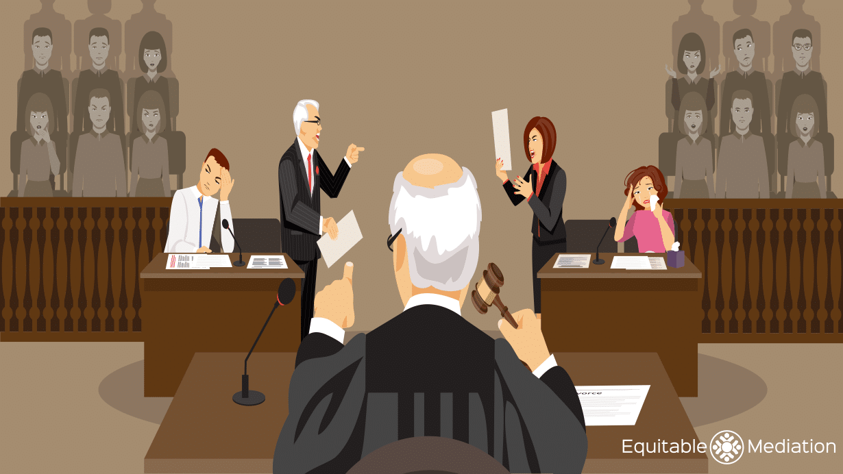 Avoid Courtroom Litigation | Equitable Mediation Illustration of a stressed couple seated before a judge and attorneys in a courtroom, highlighting the adversarial divorce process. Prefer a less confrontational path? Call Equitable Mediation at (877) 732-6682 to explore a peaceful, cooperative alternative today.