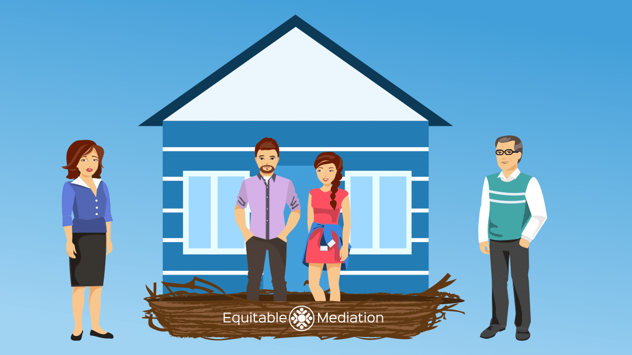 A divorcing couple discussing whether to keep or sell their marital home—an emotional and financial decision Equitable Mediation helps resolve with fairness and clarity. Joe and Cheryl Dillon provide expert guidance to help you make informed choices about your future. Call (877) 732-6682 today to begin a peaceful, balanced divorce process with Equitable Mediation.