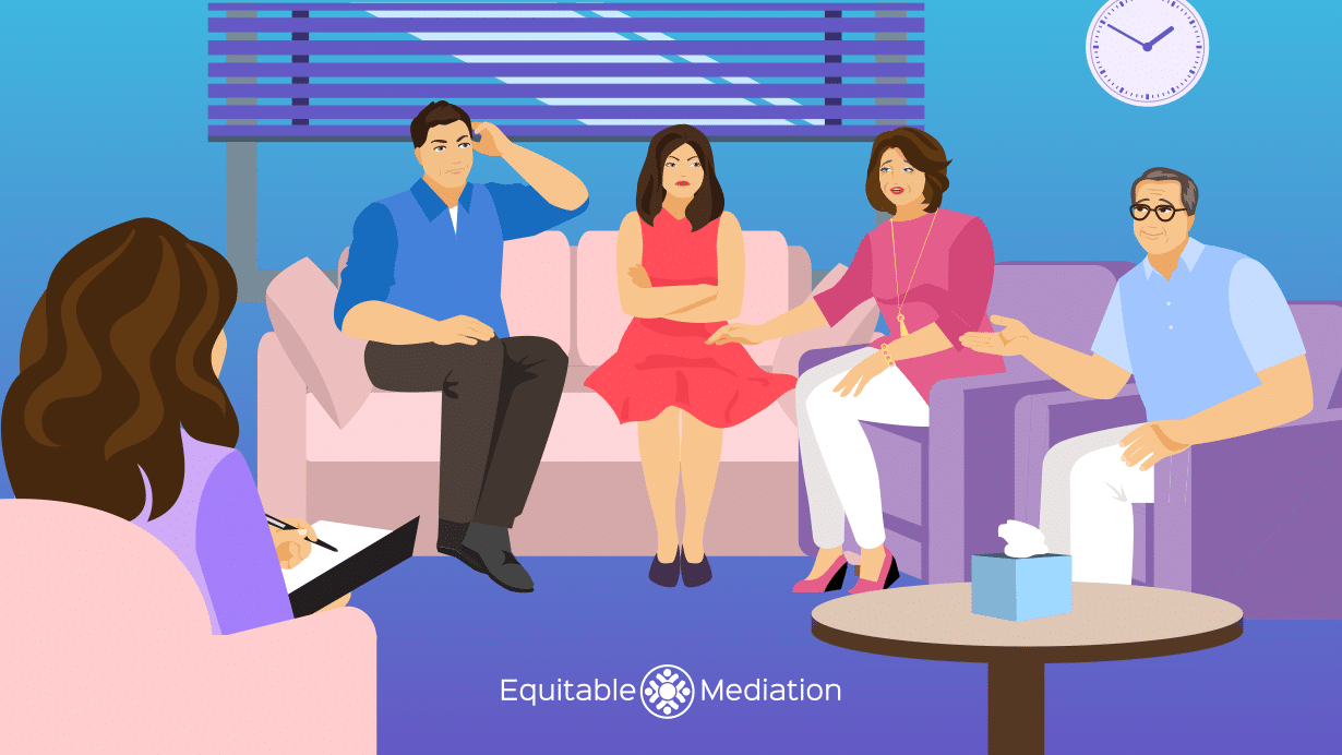 A mature couple preparing to tell their adult children about their divorce after 25 years of marriage—an emotional conversation that Equitable Mediation helps guide with sensitivity and clarity. Joe and Cheryl Dillon provide expert support to ensure the entire family is treated with compassion. Call (877) 732-6682 today to navigate this transition with care through Equitable Mediation.