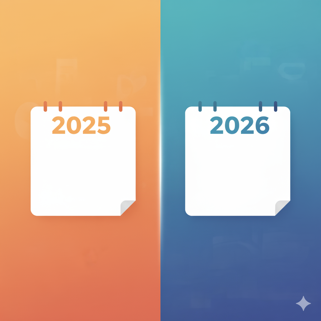 California Alimony Tax Changes | Senate Bill 711 and 2025–2026 Transition Split-screen image of 2025 and 2026 calendars symbolizing the new tax treatment for Alimony in California under Senate Bill 711. Understand how these changes impact your spousal support—consult Equitable Mediation before finalizing your agreement.