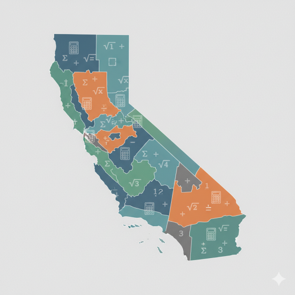 Overhead graphic of the California map with regions highlighted and calculator icons showing how different counties approach spousal support calculation in California. For help understanding how your county’s formula may affect your payments, call Equitable Mediation at (877) 732-6682.
