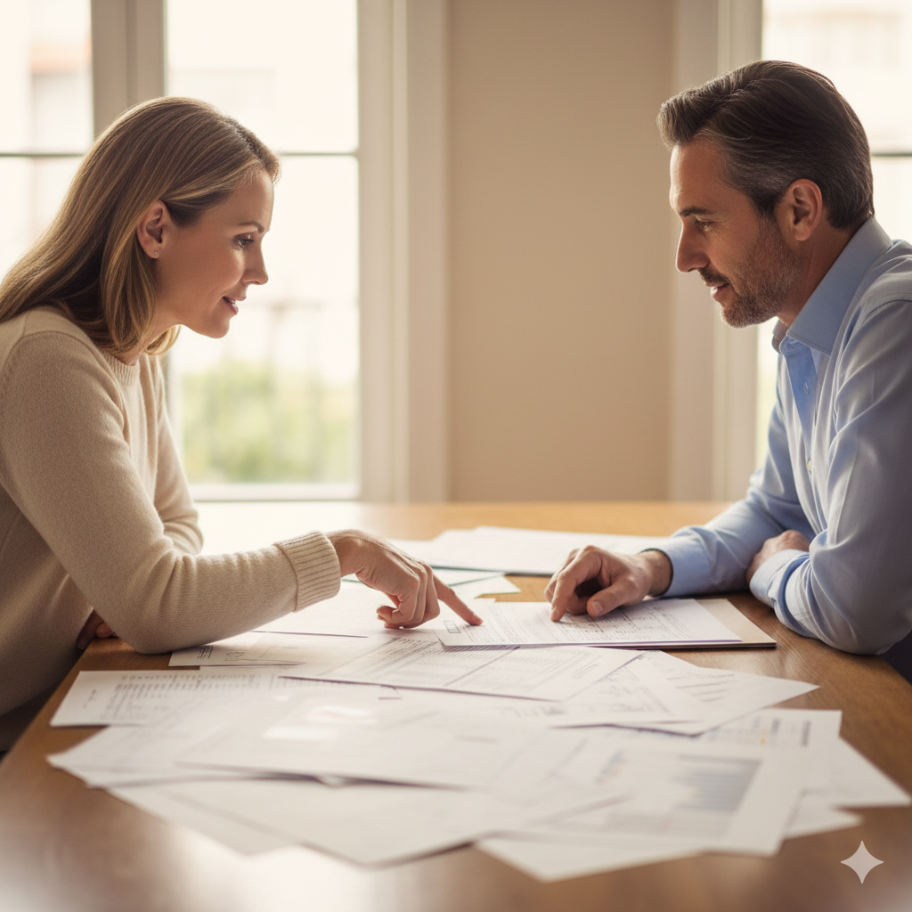 Man and woman reviewing financial documents together, symbolizing the transparent income sharing needed when calculating spousal support in California. For guidance creating fair disclosures, contact Equitable Mediation at (877) 732-6682.