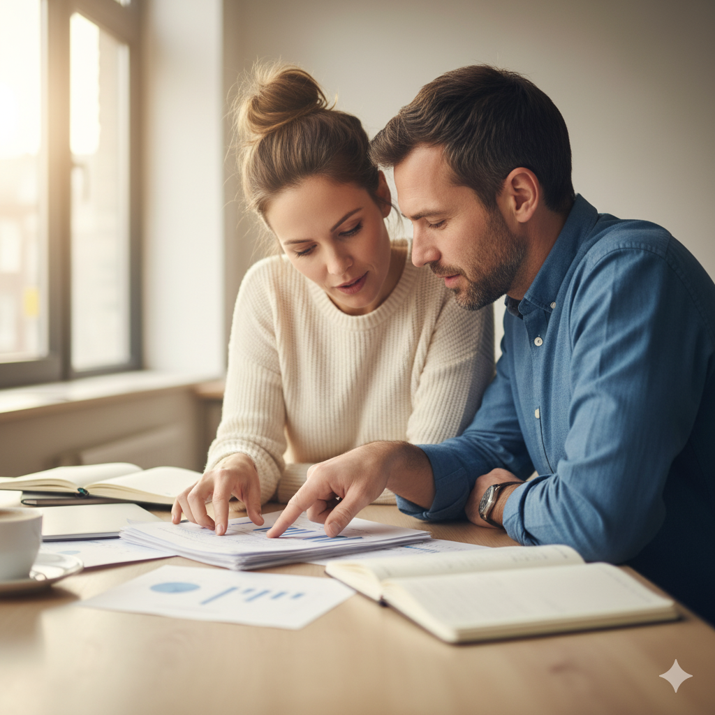 Couple reviewing documents together to understand how long alimony lasts in California, with support from Equitable Mediation. Call (877) 732-6682 for compassionate spousal support guidance.