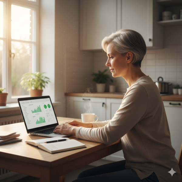 Reviewing financial documents at a kitchen table, representing confidence and financial planning with California Spousal Support. Call Equitable Mediation at (877) 732-6682 to plan your post-divorce finances successfully.