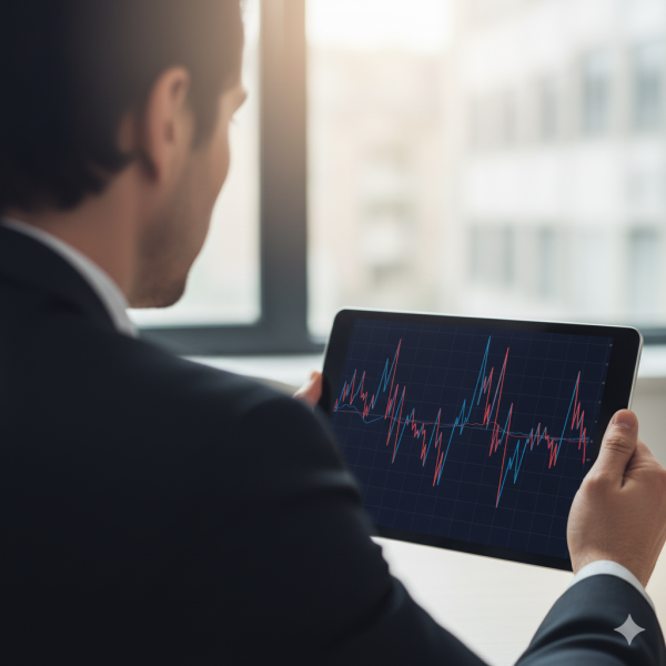 Tablet displaying volatile stock market chart representing risks of lump sum payments in California Spousal Support. Call Equitable Mediation at (877) 732-6682 for expert financial guidance during spousal support planning.