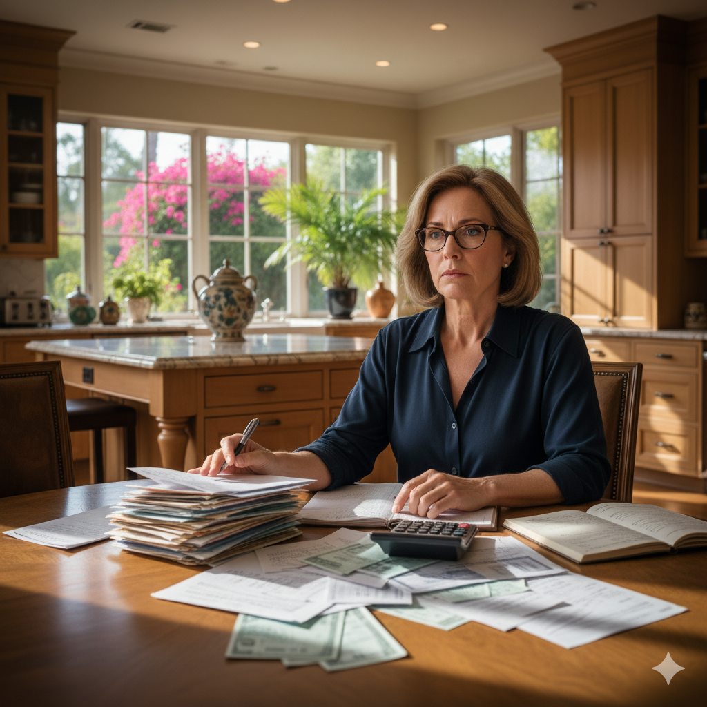 Worried woman calculating bills showing cash flow challenges while paying California Spousal Support. For help structuring fair and manageable spousal support, call Equitable Mediation at (877) 732-6682.