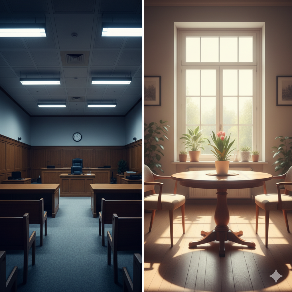 A visual contrast between a courtroom and a mediation room shows the difference between conflict and collaboration when determining spousal support. Choose a peaceful path—contact Equitable Mediation today to explore how mediation can help you reach a fair, balanced spousal support agreement.
