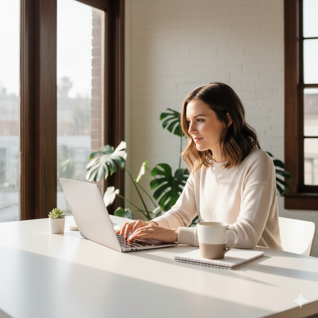 Moving Forward After Divorce | Post-Alimony Planning with Equitable Mediation Person working confidently on a laptop after resolving Alimony in California with Equitable Mediation. Begin your next chapter with clarity—contact Equitable Mediation today to plan your post-divorce financial future with confidence.