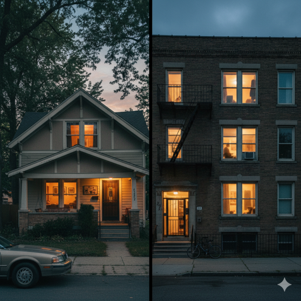 Two warmly lit homes side by side at dusk, representing divided households and the need to Qualify for Alimony with help from Equitable Mediation. Let our mediators help you find financial balance and fair support so both households can thrive—contact Equitable Mediation today for personalized guidance.