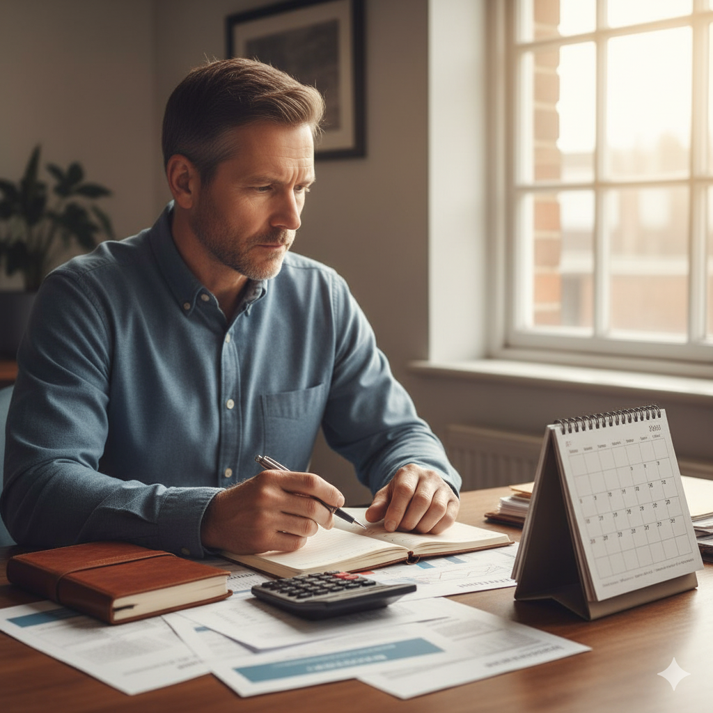 Man analyzing financial documents and calendar for strategic planning of California Spousal Support taxes. Call Equitable Mediation at (877) 732-6682 for expert alimony tax guidance.