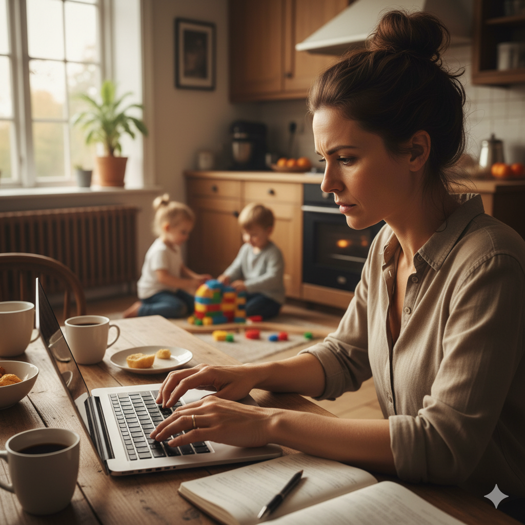Parent working on a laptop while children play in the background, showing how childcare responsibilities can limit earning potential and affect alimony in California. For help understanding how caregiving impacts your support eligibility, contact Equitable Mediation today.