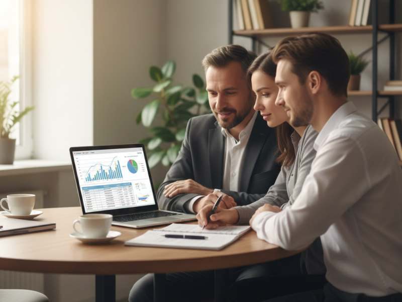 Couple collaboratively analyzing financial projections in mediation, adjusting assumptions to assess maintenance, property trade-offs, and long-term outcomes. Contact (877) 732-6682 to work with Equitable Mediation.